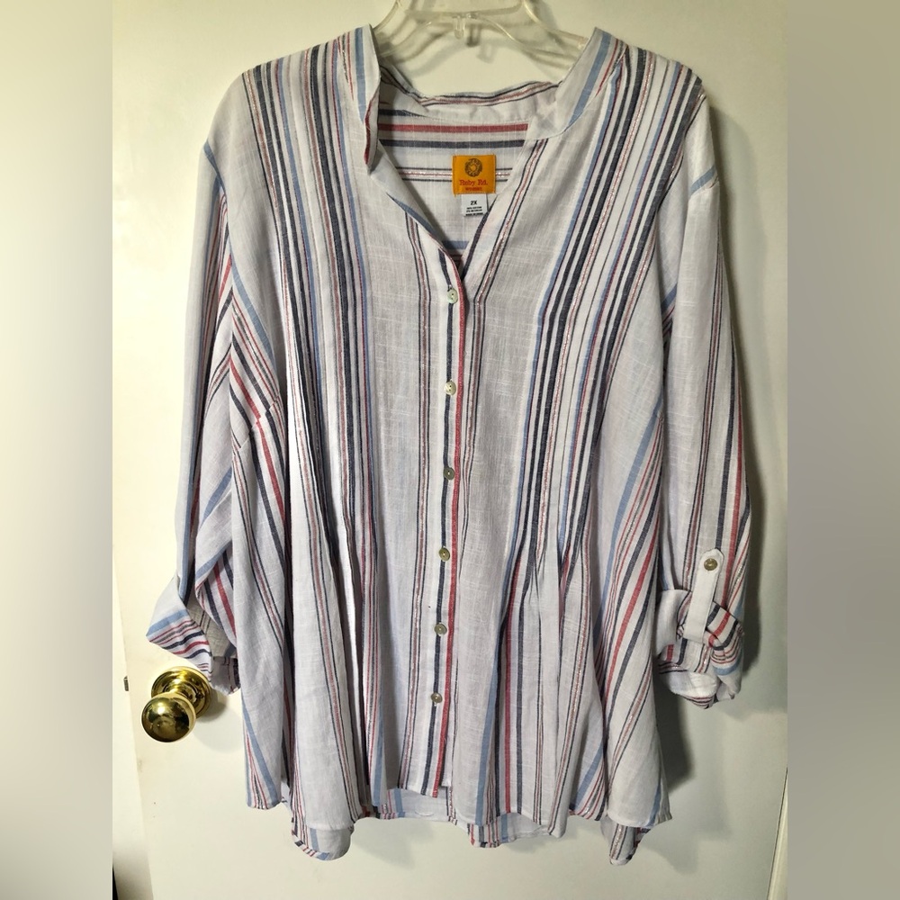 Ruby Rd. White w/Red & Blue Stripes Cotton Tunic Blouse Sz. 2X